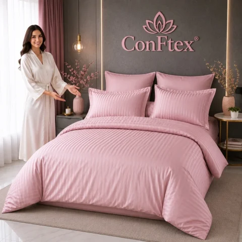 Lenjerie de Pat Damasc Hotelier 100% Bumbac pentru 2 Persoane – Pink