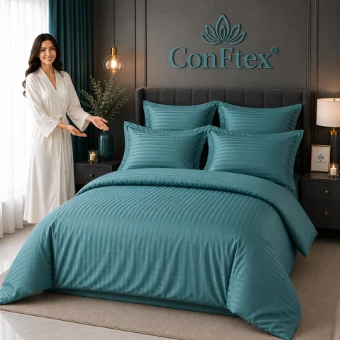 Lenjerie de Pat Damasc Hotelier 100% Bumbac pentru 2 Persoane – Turkoaz