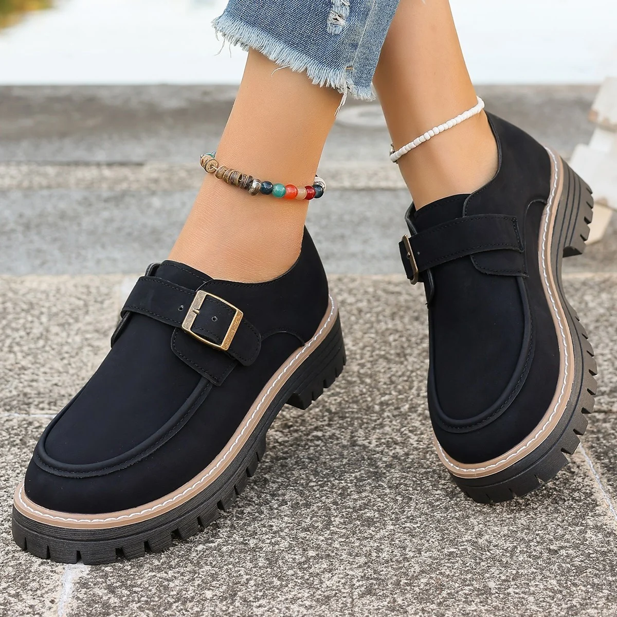 Women's Fashion Buckle Loafers British Style Height-increasing Thick-soled Casual Shoes - imagine 6