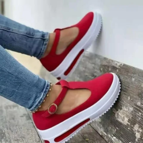 Women's Summer Thick-soled Round Toe Shoes One Word Red Loafers