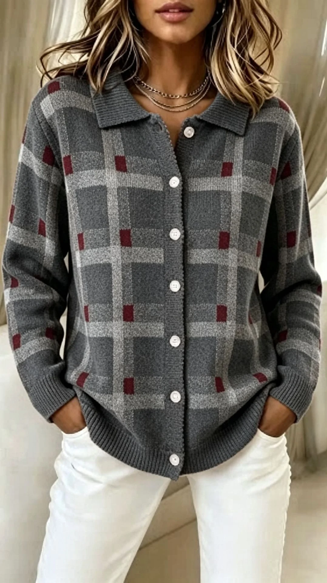 Women's Unique-Line Plaid Long-Sleeve Blouse - Image 6