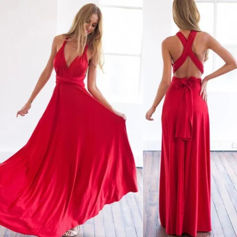 V-neck Long Dress Women Cross Strap Beauty Back Design Party Dresses