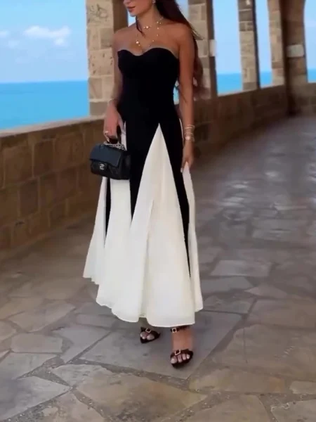 Women's Black and White Contrast Tube Top Dress - Elegant Bodycon Strapless Midi Party Gown