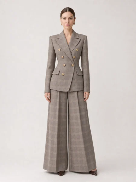 Women's Taupe Plaid Double-Breasted Suit Two-Piece Set