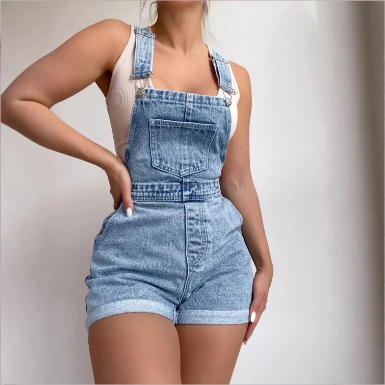 Women's Retro Light Blue Denim Overalls Shorts - imagine 4