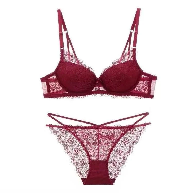 Women's Sexy Lace Bra Panty Set Deep V Gathered Sexy Lingerie - Image 2