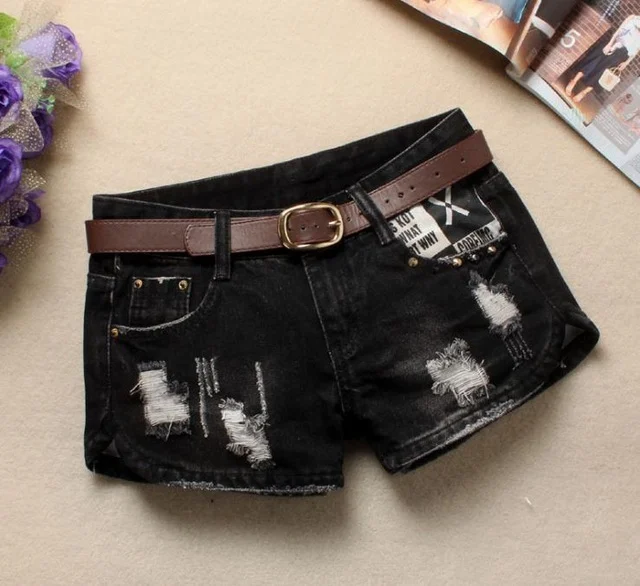 Women's Denim Shorts Mini Rivet Holes Jeans Low Waist - imagine 4