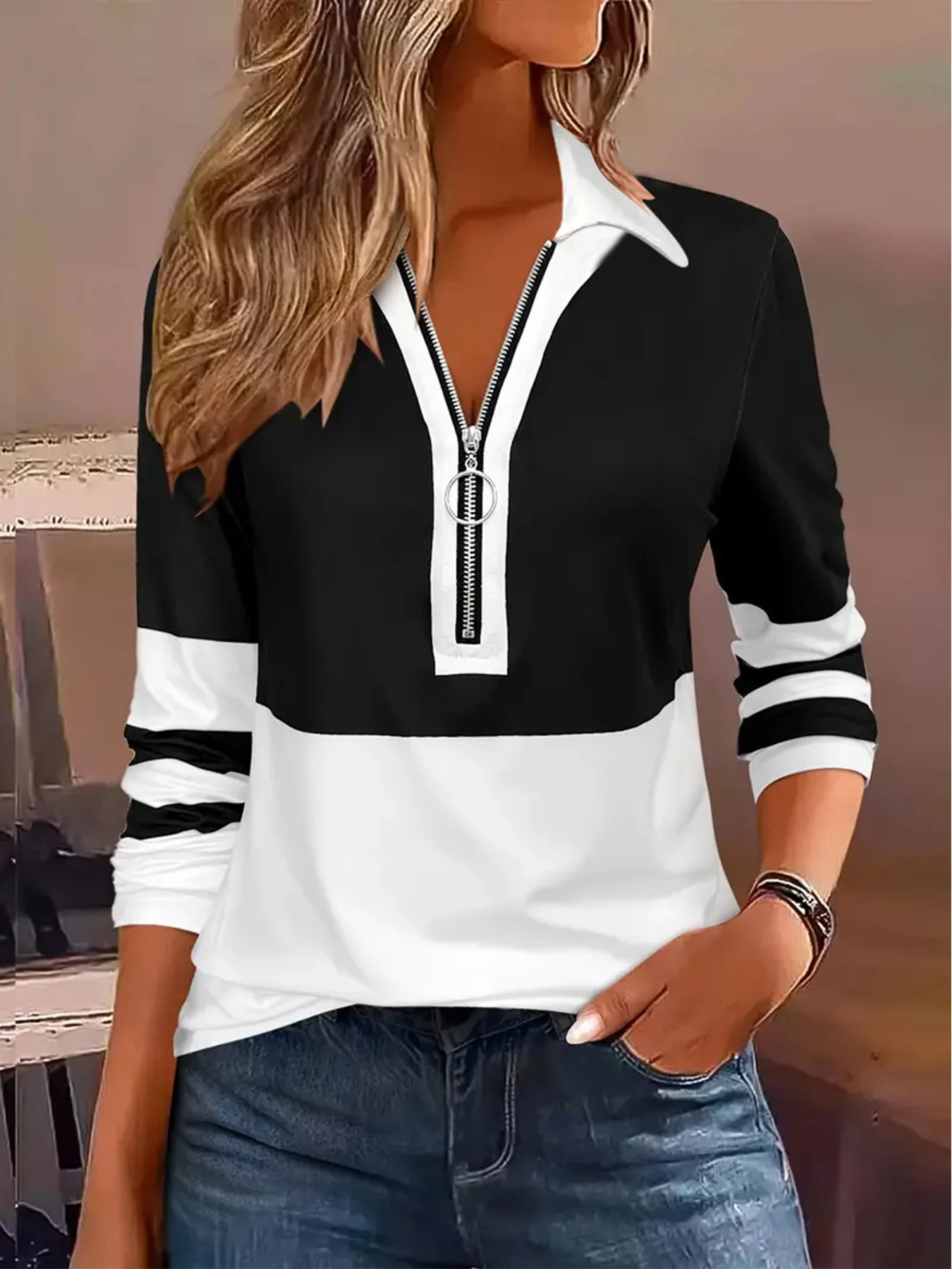 Women's Long-Sleeve Color Block Top - Black and White - Image 2