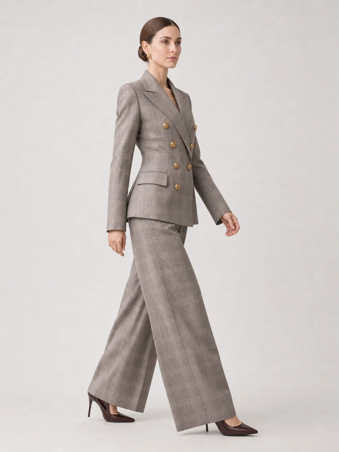 Women's Taupe Plaid Double-Breasted Suit Two-Piece Set - Image 3