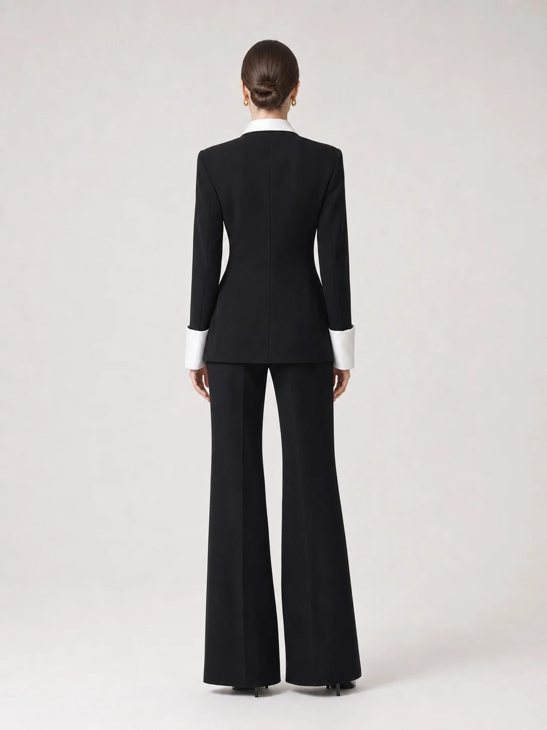 Women's Black Contrast Satin Lapel Suit Two-Piece Set - Image 3