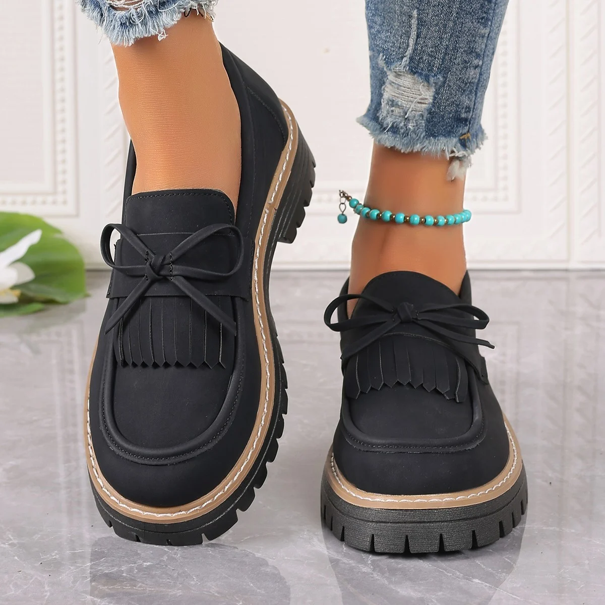 Women's Plus Size Loafers Tassel Thick Heel Bowknot