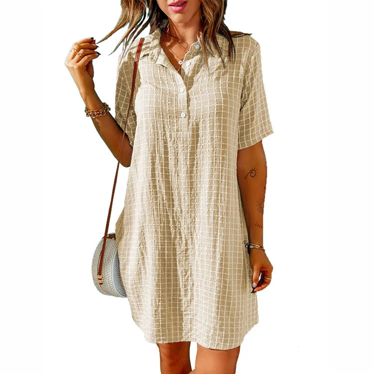 Women's Check Neck Button Short Sleeve Shirt Dress - Image 3
