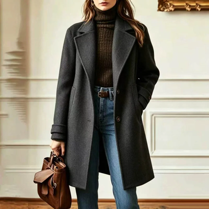 Cross-Border 2026 Autumn And Winter New Retro Casual Style Mid-Length Lapel Coat Women's Woolen Coat - Image 5
