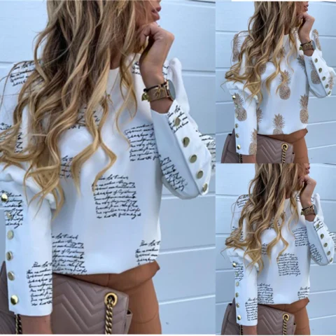 Women's Long sleeve button pineapple print shirt