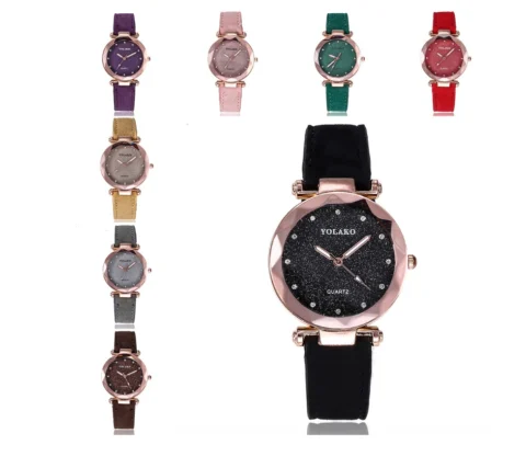 Women's Matte belt color foundation with diamond dial quartz watch