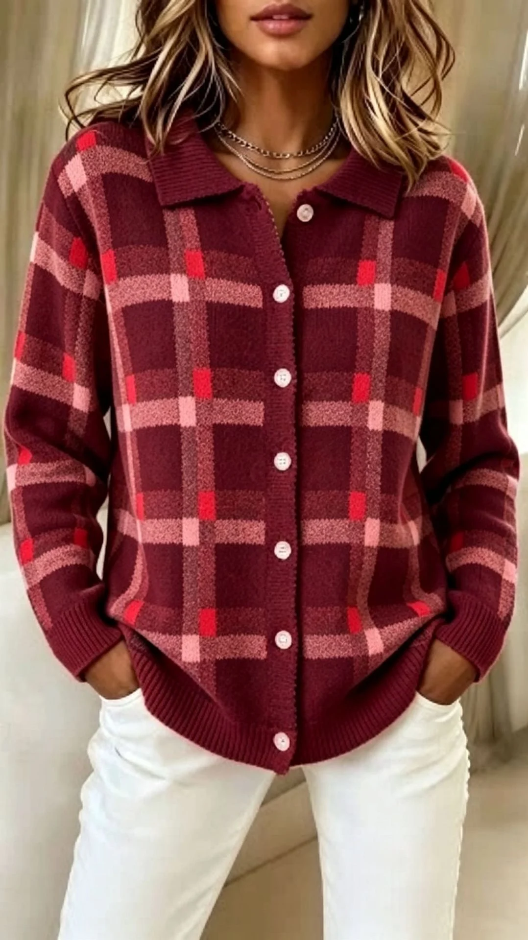 Women's Unique-Line Plaid Long-Sleeve Blouse - Image 9