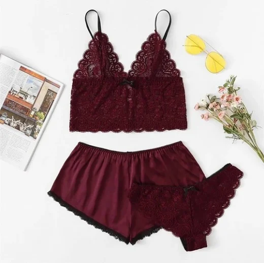 Women's Satin Lingerie Lace Shorts Set - Image 2