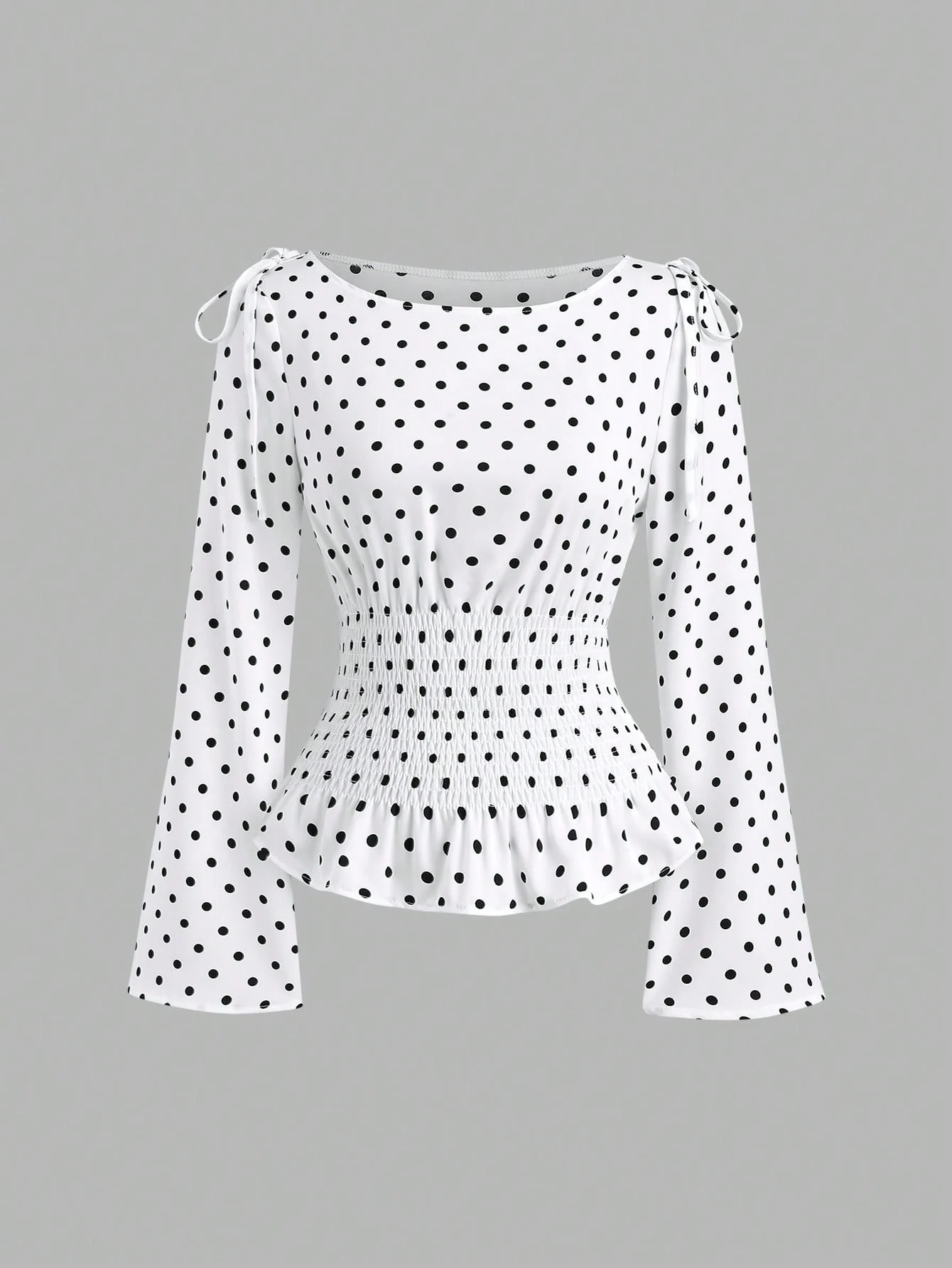 Women's Polka Dot Off-Shoulder Blouse - Flared Sleeve Peplum Top - Image 5