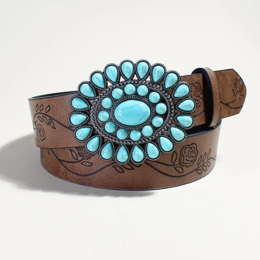 Women's Belts Flow New Rose Pattern Printed Green Pine Beads Alloy Buckle - Image 6