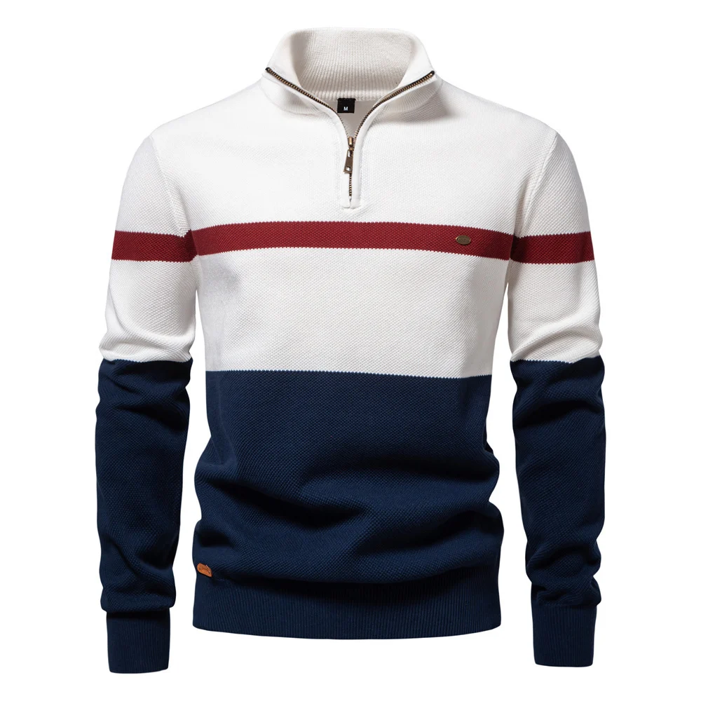 Men's Quarter-Zip Color Block Sweater – Casual Winter Knitwear - imagine 3