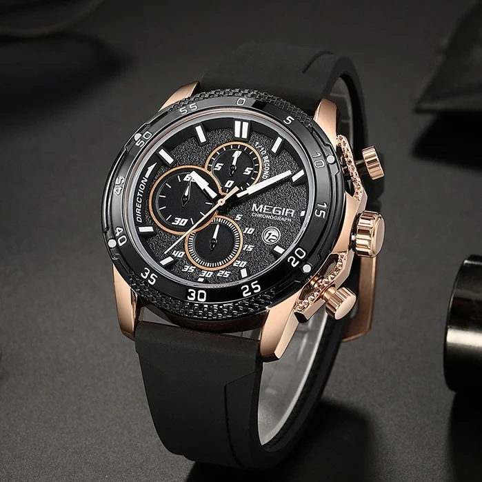Men's Sport Chronograph Watch - Multifunctional Three-Eye Wristwatch with Premium Silicone Strap