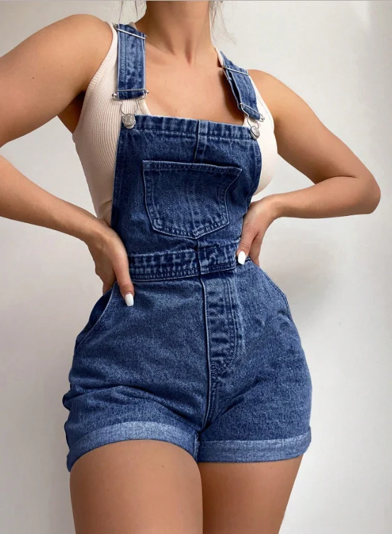 Women's Retro Light Blue Denim Overalls Shorts - imagine 7