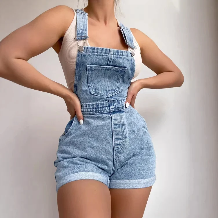 Women's Retro Light Blue Denim Overalls Shorts