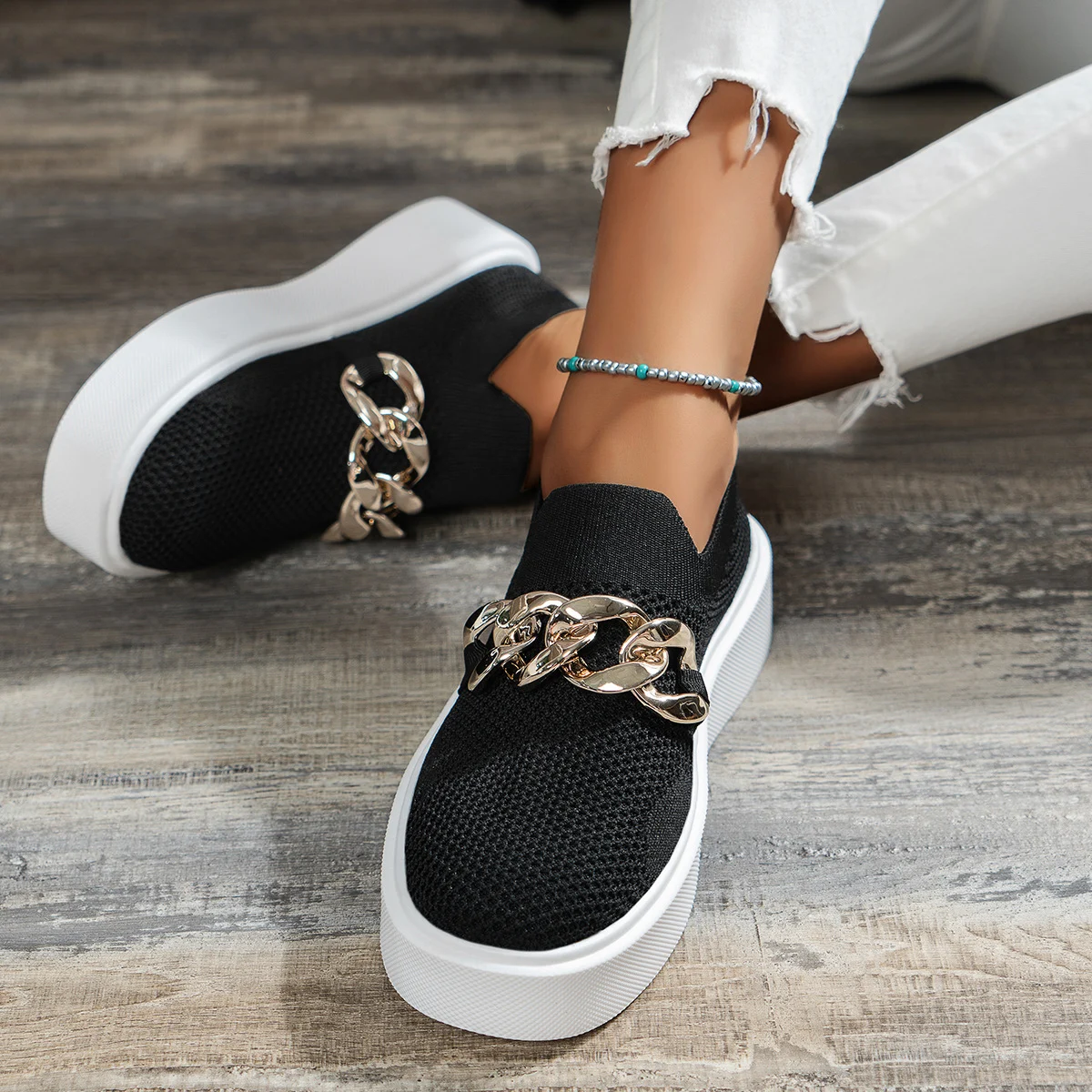 Women's Chain Flats Shoes Breathable Mesh Shoes