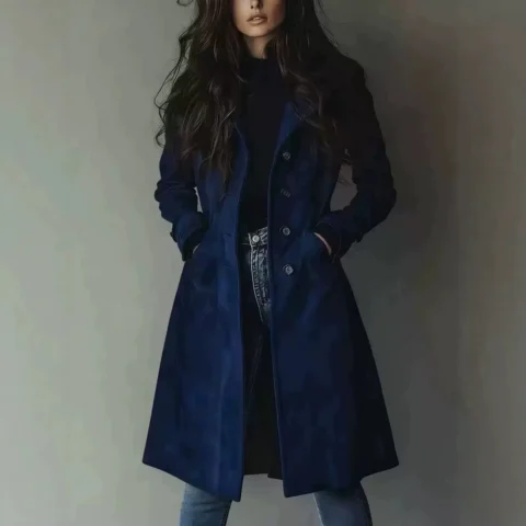 Amazon Cross-border European And American Long-style Lapel Buttoned Waist-cinching Women's Coat