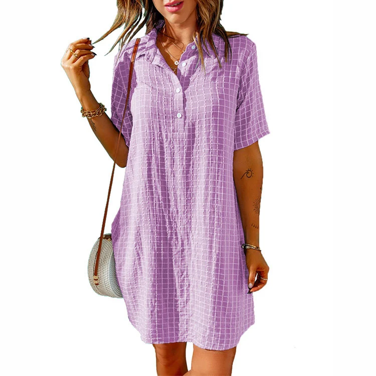 Women's Check Neck Button Short Sleeve Shirt Dress - Image 7