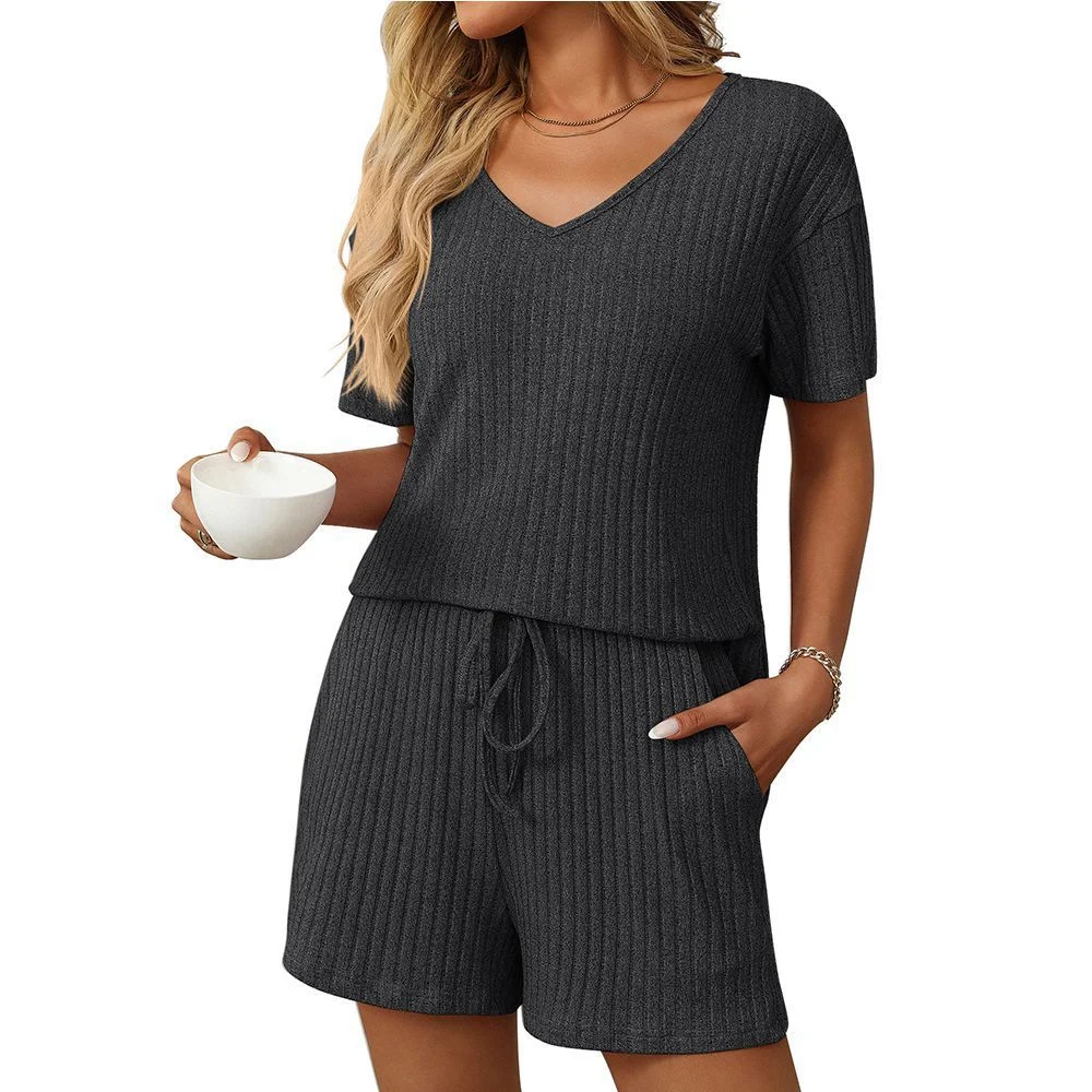 Women's Solid-color Ribbed Sleepwear Short-sleeve Loungewear Set - imagine 3