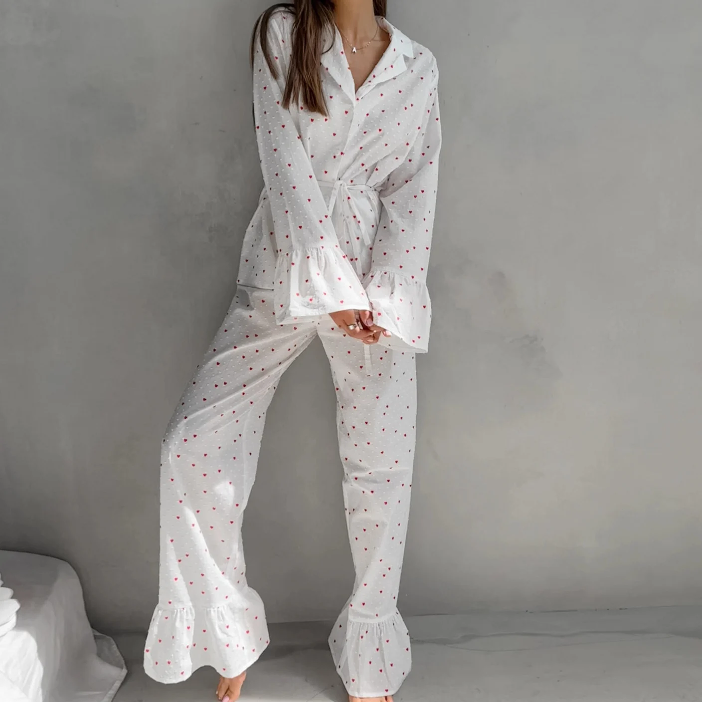 Women's Heart Print Long Sleeve Pajama Set Long Pants Sleepwear with Ruffled Hem - imagine 2
