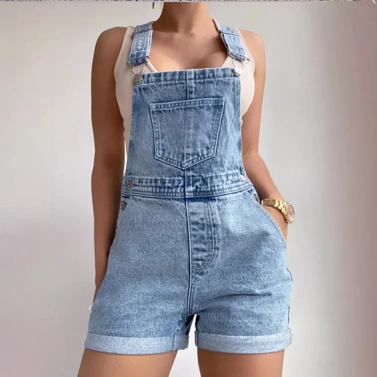 Women's Retro Light Blue Denim Overalls Shorts - imagine 3