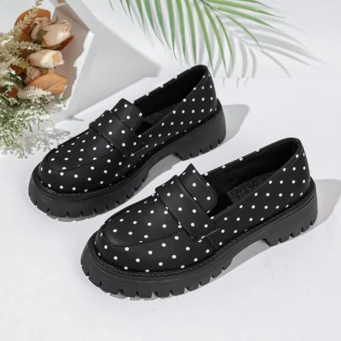 Women's Polka Dot Platform Loafers, 2026 Fall New Retro Slip On Chunky Sole Commuter Leather Look Single