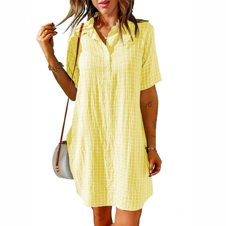 Women's Check Neck Button Short Sleeve Shirt Dress - Image 2