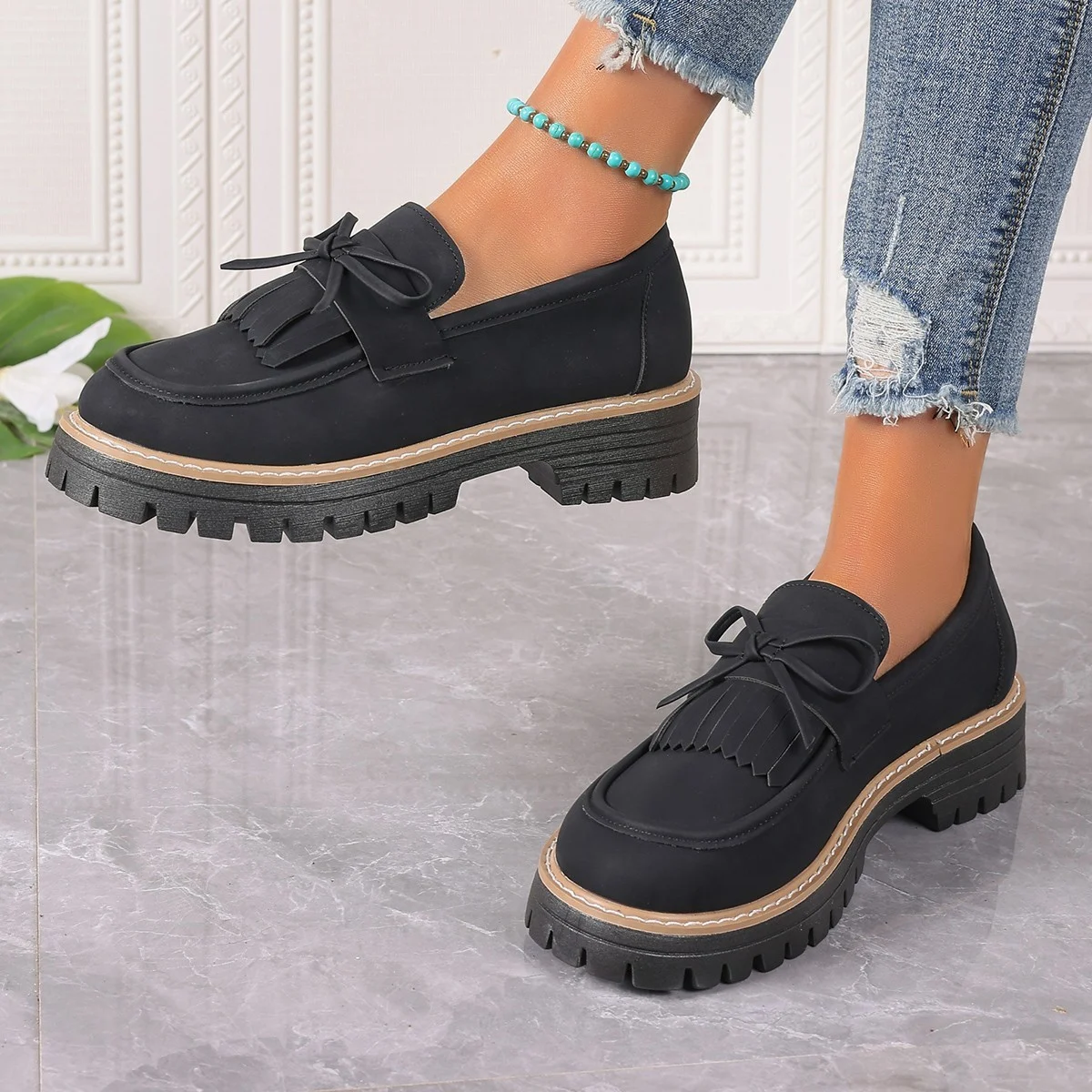 Women's Plus Size Loafers Tassel Thick Heel Bowknot - imagine 3