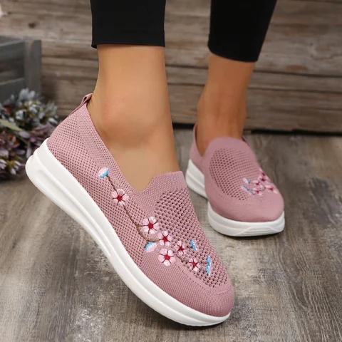 Women's Loafers Flowers Embroidery Shoes Breathable Mesh Flats