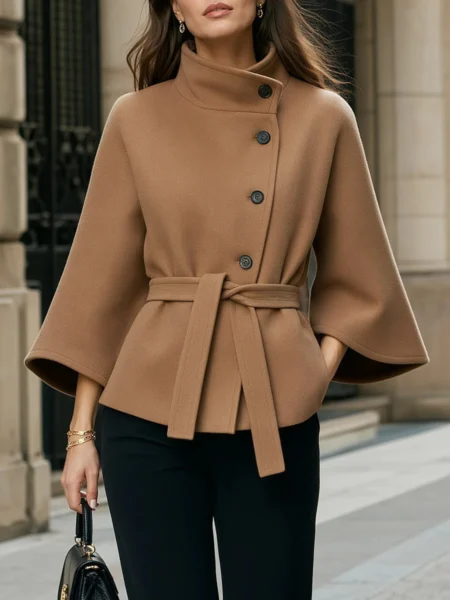 Women's Stand Collar Short Overcoat Belt Waist Flare Sleeve Fall Winter Wool Outerwear