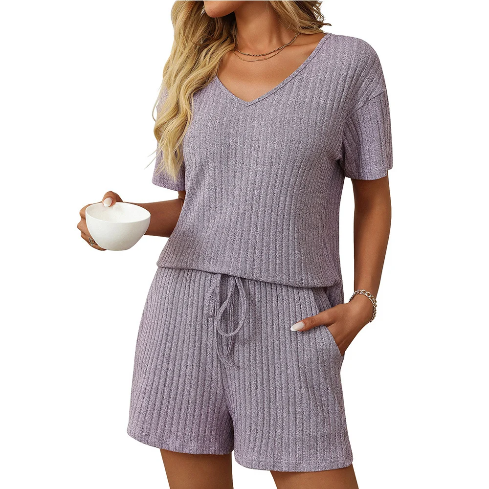 Women's Solid-color Ribbed Sleepwear Short-sleeve Loungewear Set - imagine 2