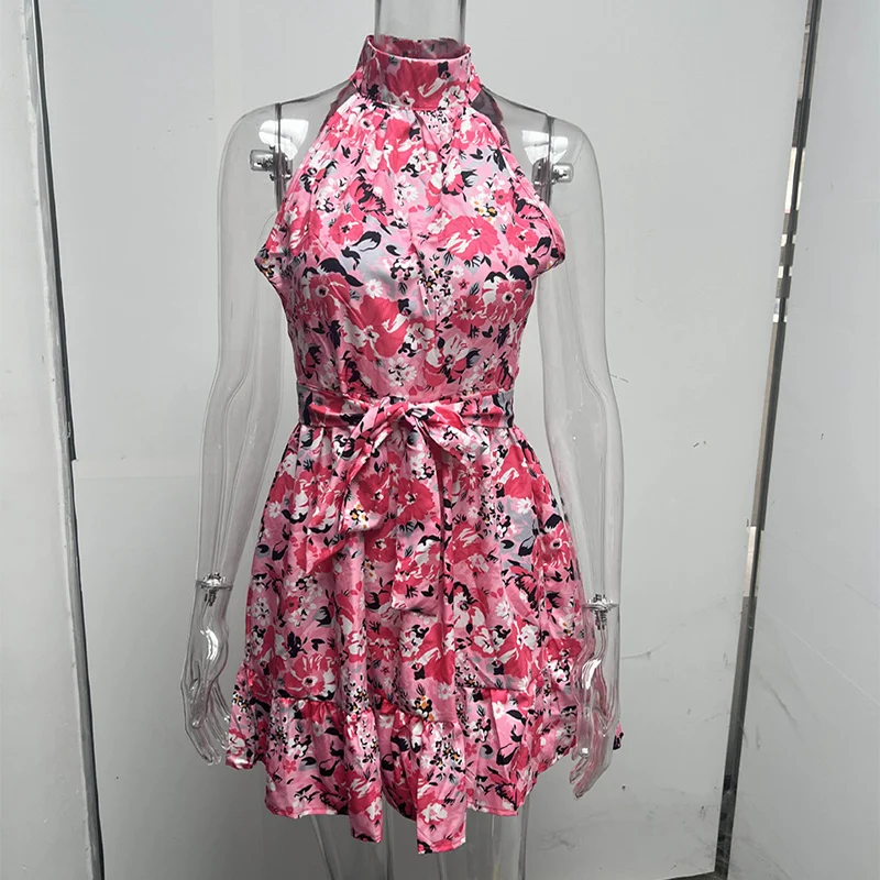 Women's Flowers Print Halterneck Dress - Summer Fashion Lace-Up Ruffled Dresses - Image 8