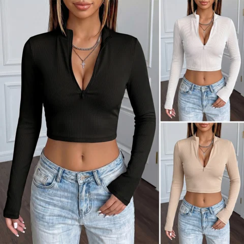 Women's Deep V-neck Long-sleeve T-shirt
