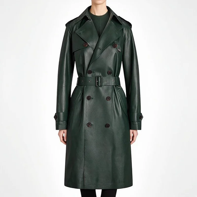 Women's Classic Double-Breasted Belted PU Leather Trench Coat
