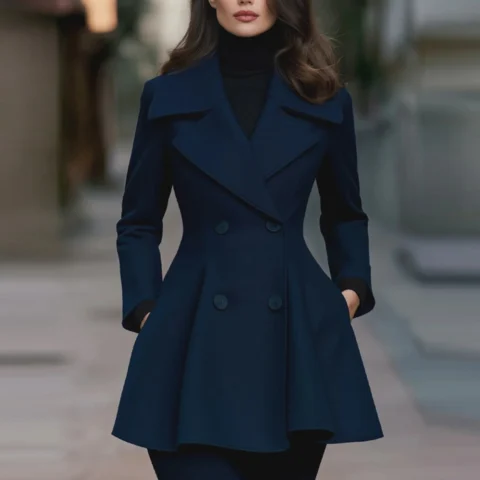 2026 Europe And The United States Cross-border Foreign Trade Autumn And Winter New Independent Station Solid Color Lapel Coat Double-breasted Long Sleeve Women's Coat