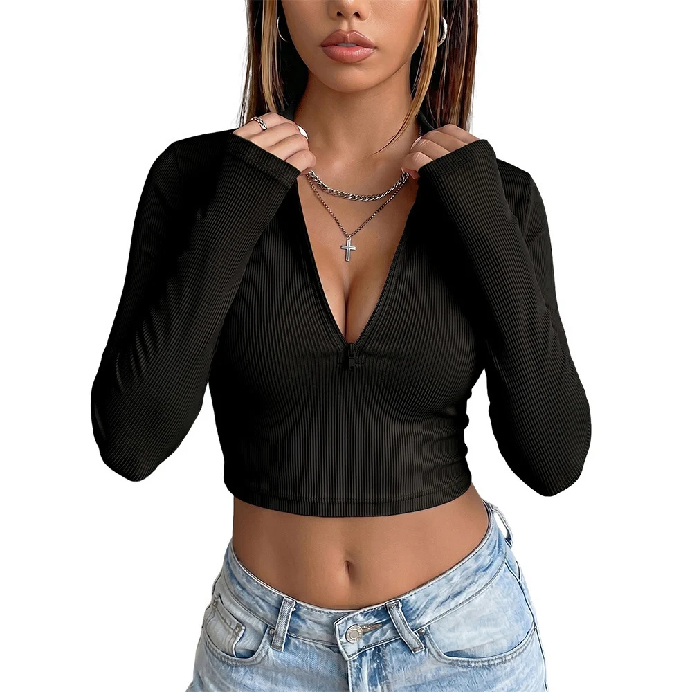 Women's Deep V-neck Long-sleeve T-shirt - Image 4