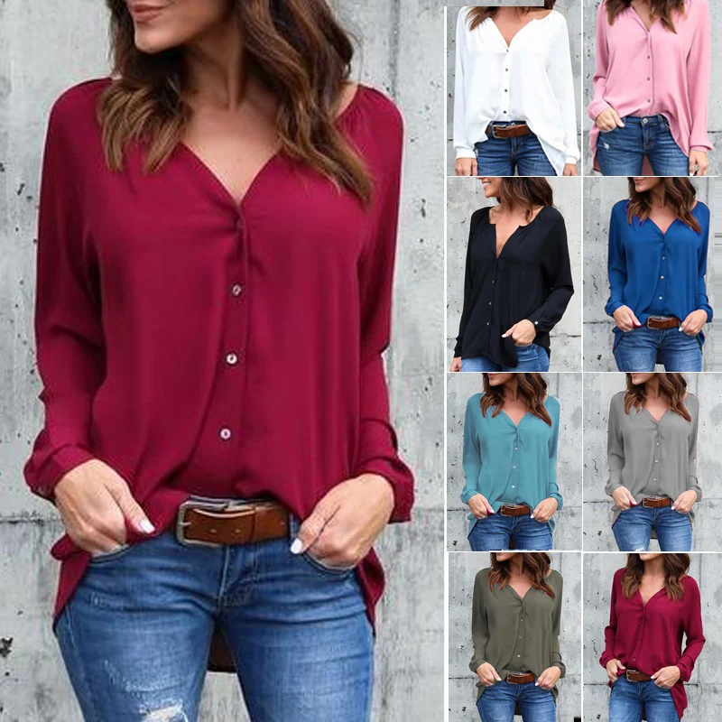 V-neck pleated button chiffon shirt