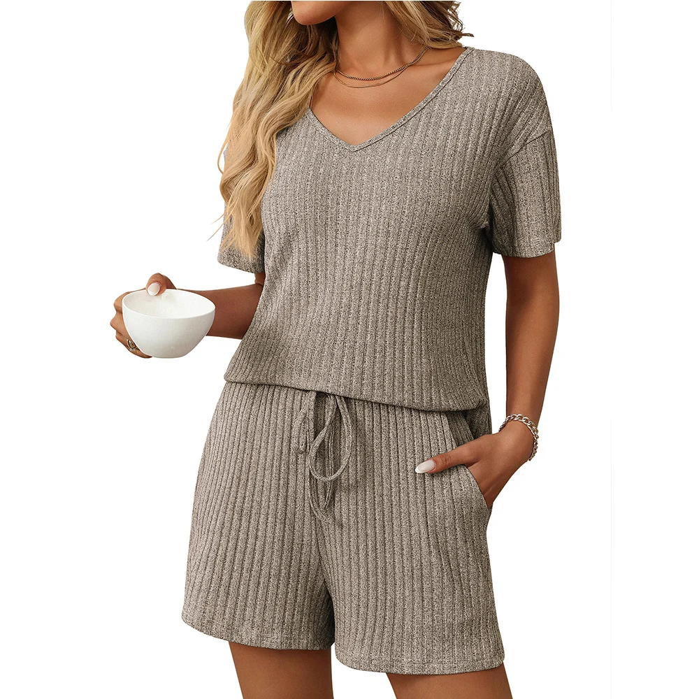 Women's Solid-color Ribbed Sleepwear Short-sleeve Loungewear Set - imagine 7