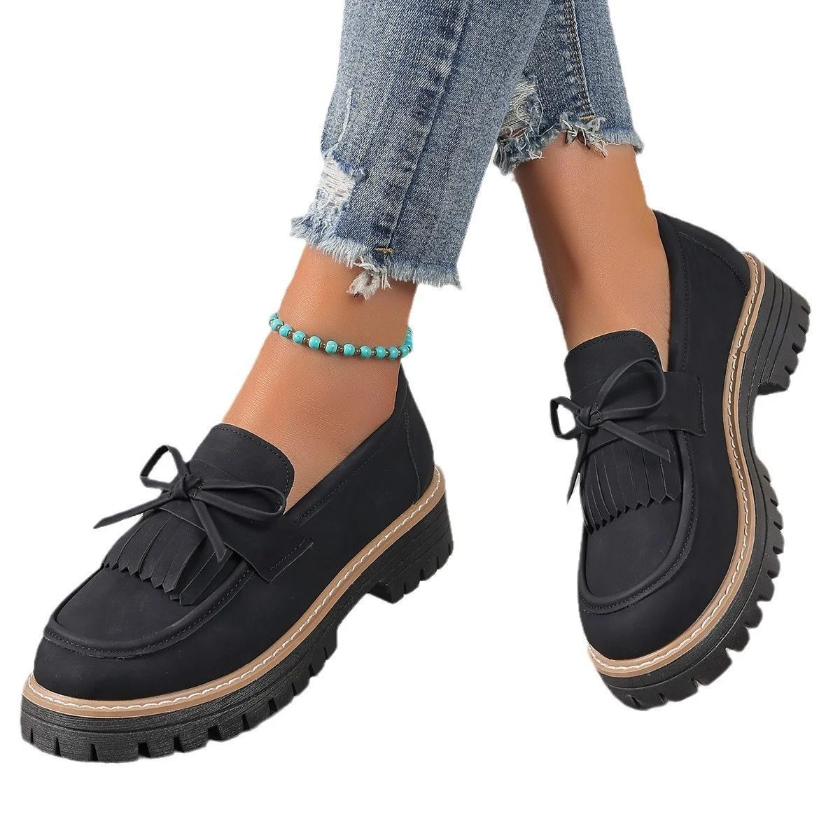 Women's Plus Size Loafers Tassel Thick Heel Bowknot - imagine 5