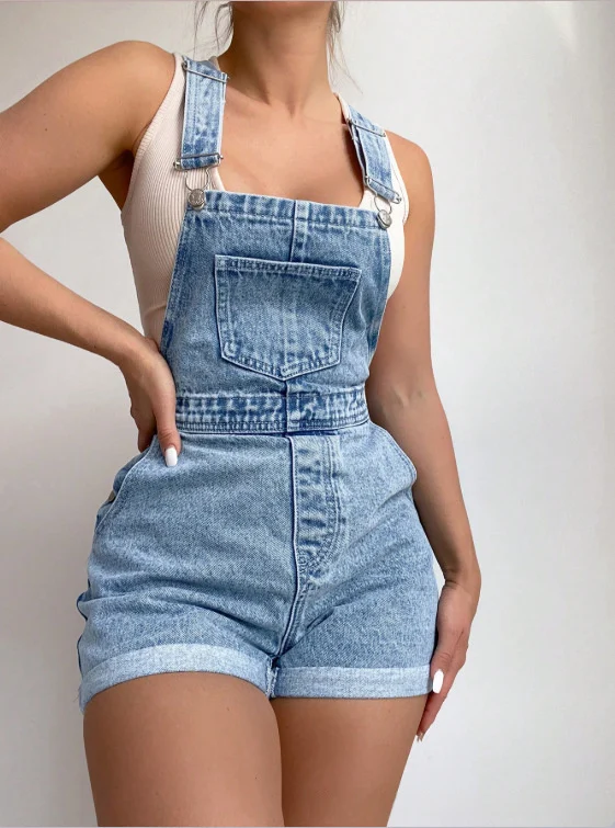 Women's Retro Light Blue Denim Overalls Shorts - imagine 8