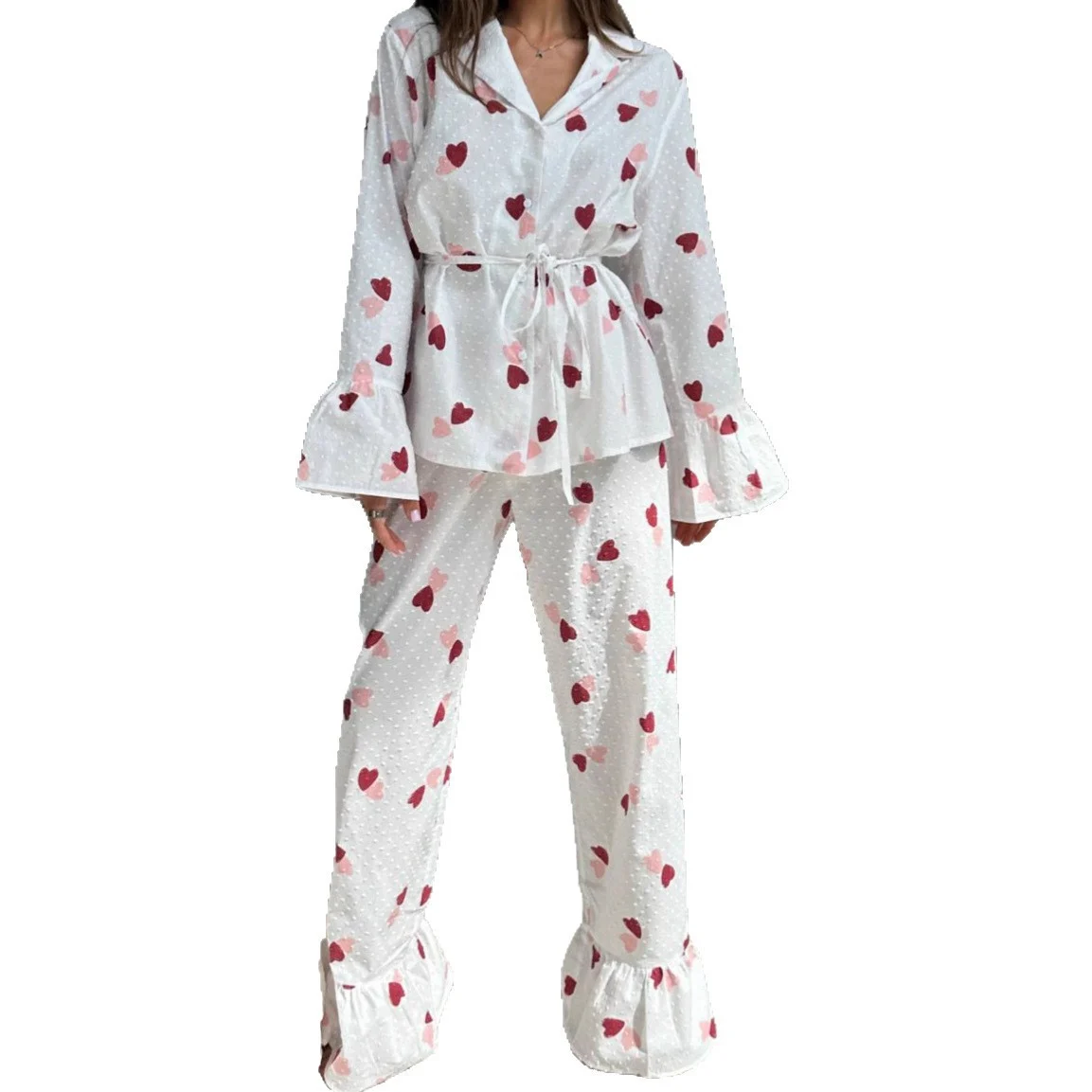 Women's Heart Print Long Sleeve Pajama Set Long Pants Sleepwear with Ruffled Hem - imagine 5