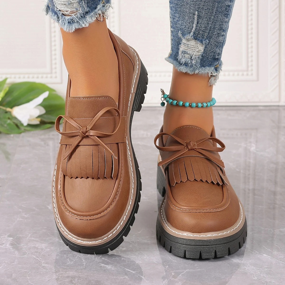 Women's Plus Size Loafers Tassel Thick Heel Bowknot - imagine 2